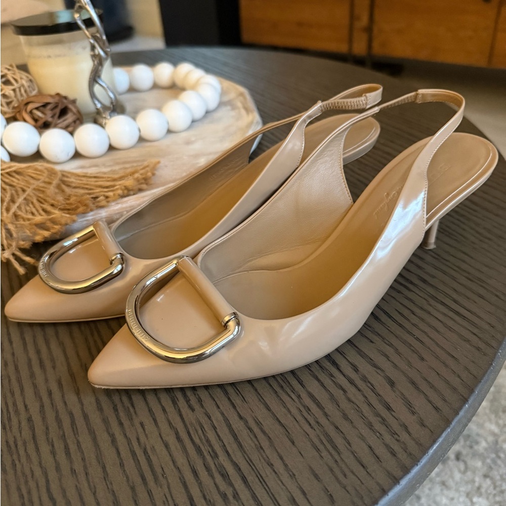 Burberry Fermoy patent leather , Slingback Heels with Silver D ring.